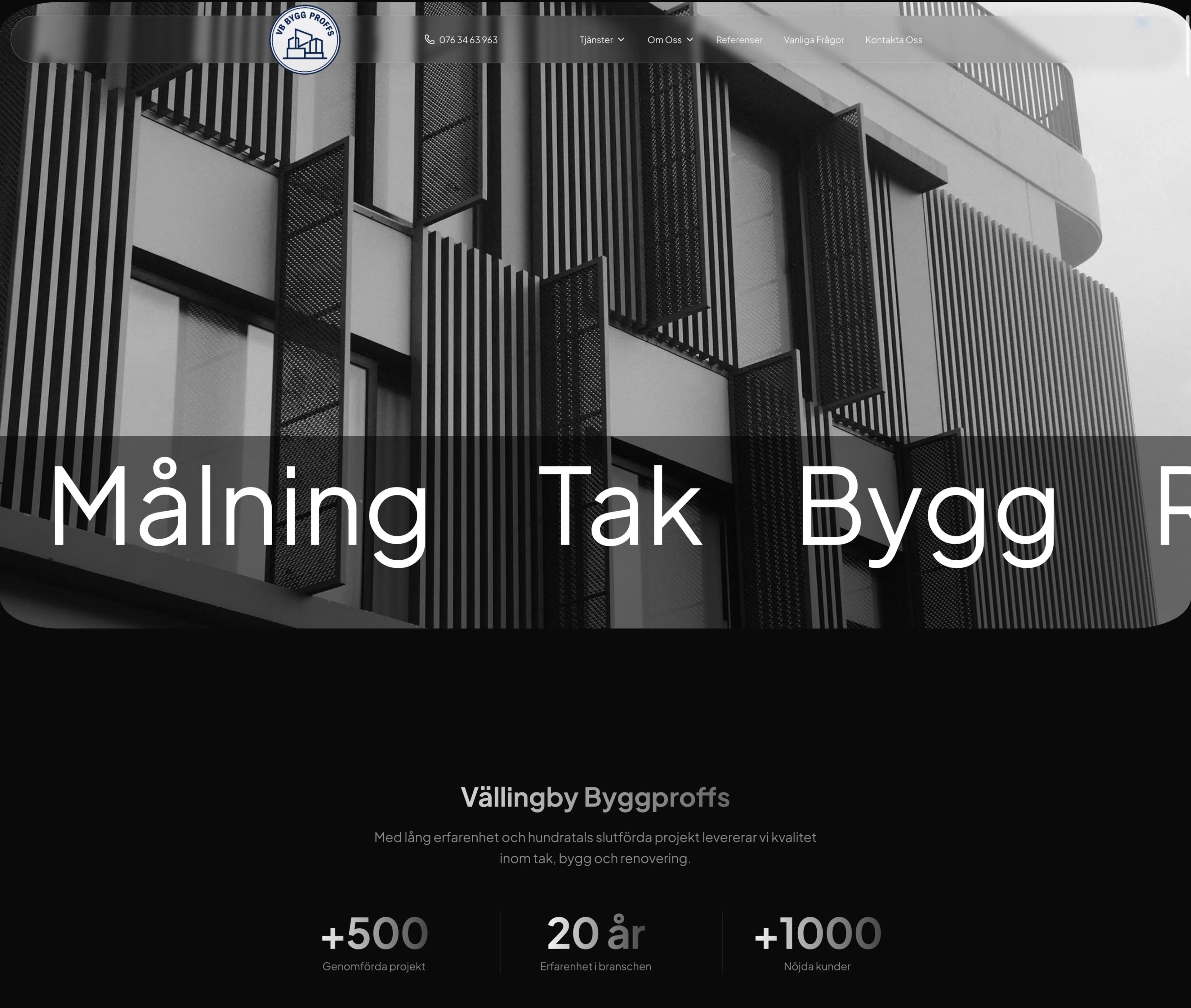 Startsidan på Vällingby Byggproffs nya hemsida med fasadbild, tjänsterna Målning, Tak och Bygg samt nyckeltal.